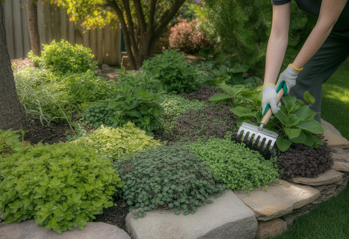Best Ground Cover Plants for New York: Top Varieties for Year-Round Growth and Low Maintenance - PlantNative.org Hands tending to healthy green groundcover plants in a shaded garden bed with stone edging and a wooden fence in the background.
