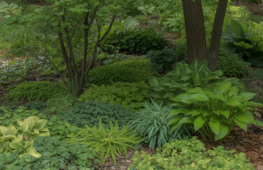 A shaded garden area in Minnesota with green ground cover plants growing under tall trees.
