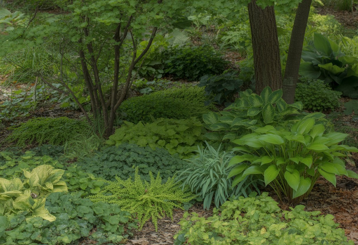 A shaded garden area in Minnesota with green ground cover plants growing under tall trees.