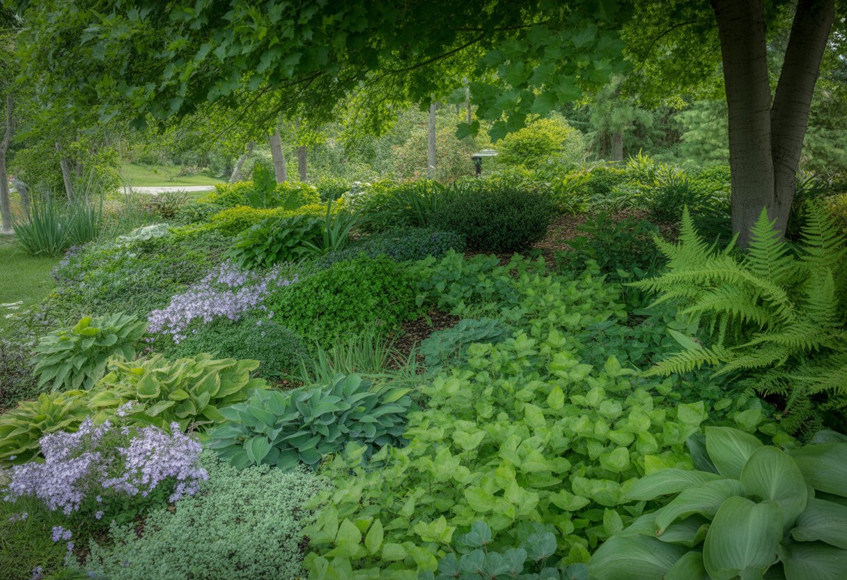 A shaded garden bed filled with various green ground cover plants including hostas, creeping phlox, and ferns under mature trees.