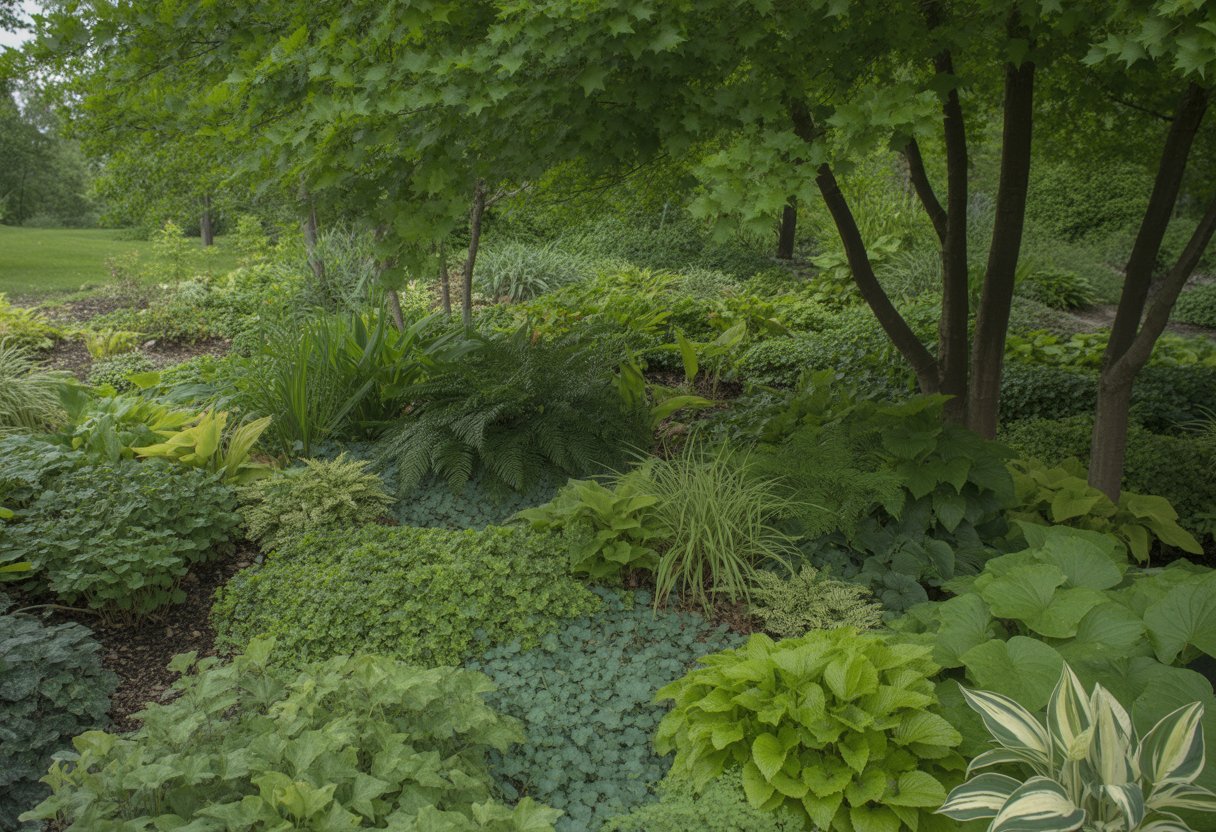 A shaded garden area in Minnesota with dense green ground cover plants growing under tall trees.