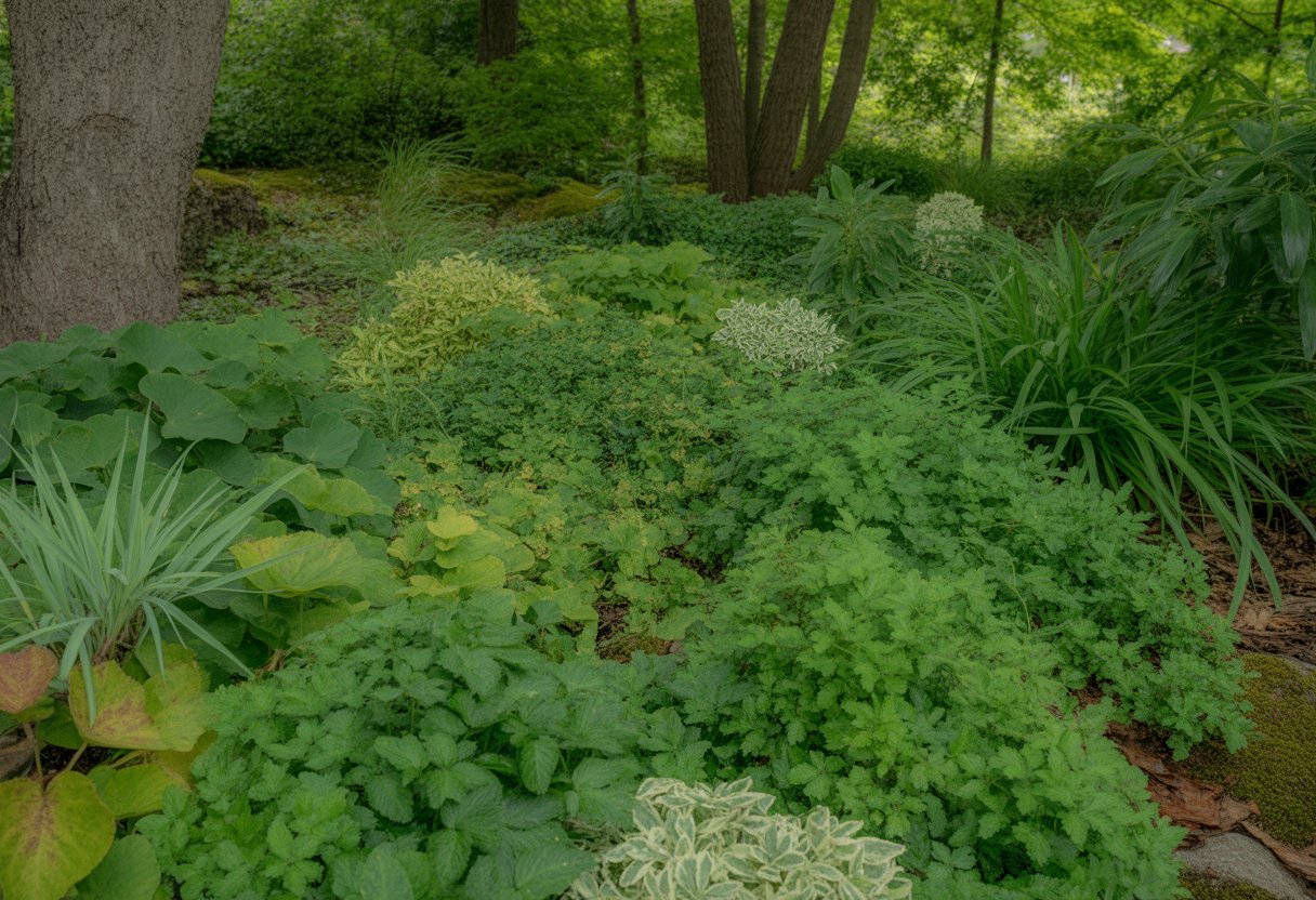 A shaded garden area in Minnesota with various green ground cover plants growing under tall trees.