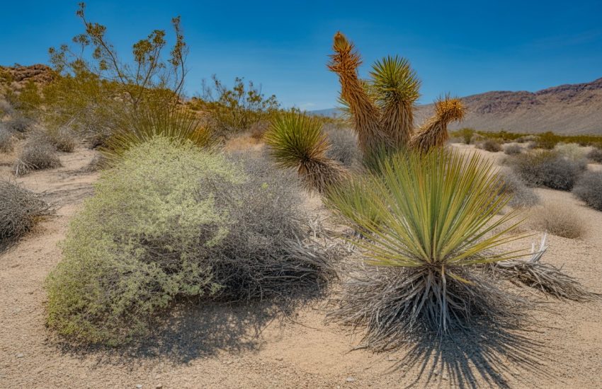A desert landscape in Nevada with drought-tolerant native plants like sagebrush and creosote bushes under a clear blue sky.