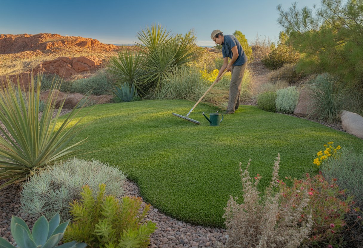 A gardener tending to a green, drought-resistant lawn with native plants and wildflowers, set against a red rocky New Mexico landscape under a clear blue sky.
