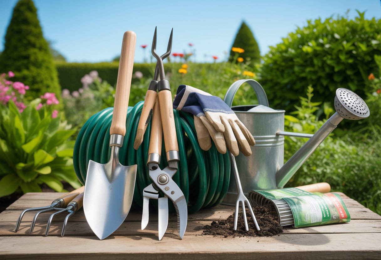 A collection of gardening tools arranged on a wooden table with green plants and flowers in the background.