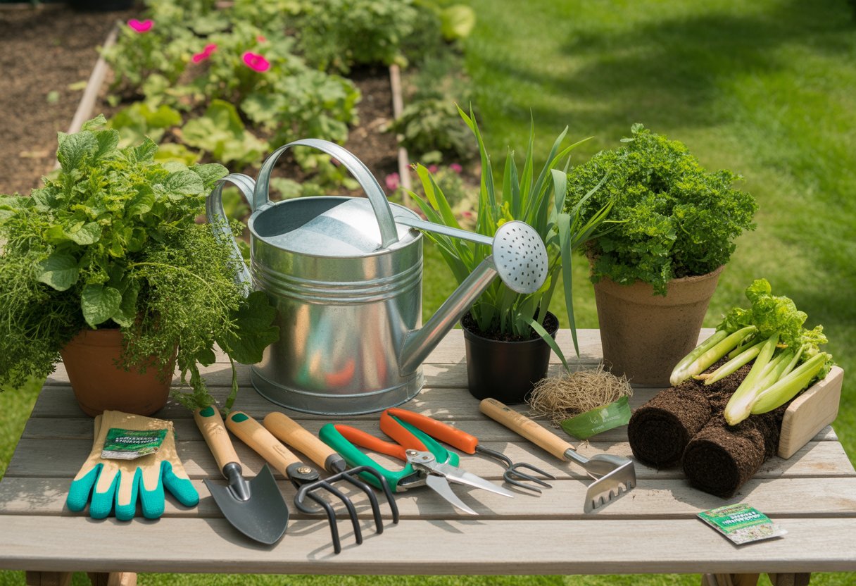 A collection of gardening tools arranged on a wooden table with healthy plants and fresh vegetables in a garden.