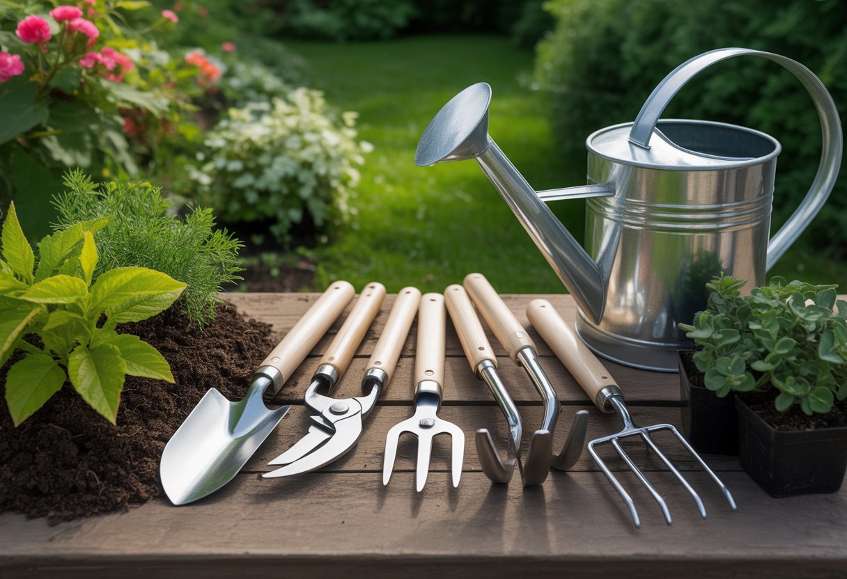 A collection of gardening tools arranged on a wooden table with green plants and a garden in the background.