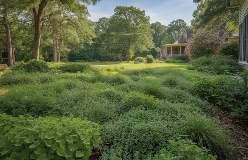 A green yard with native plants and ground covers in front of a Southern-style home under a clear blue sky.