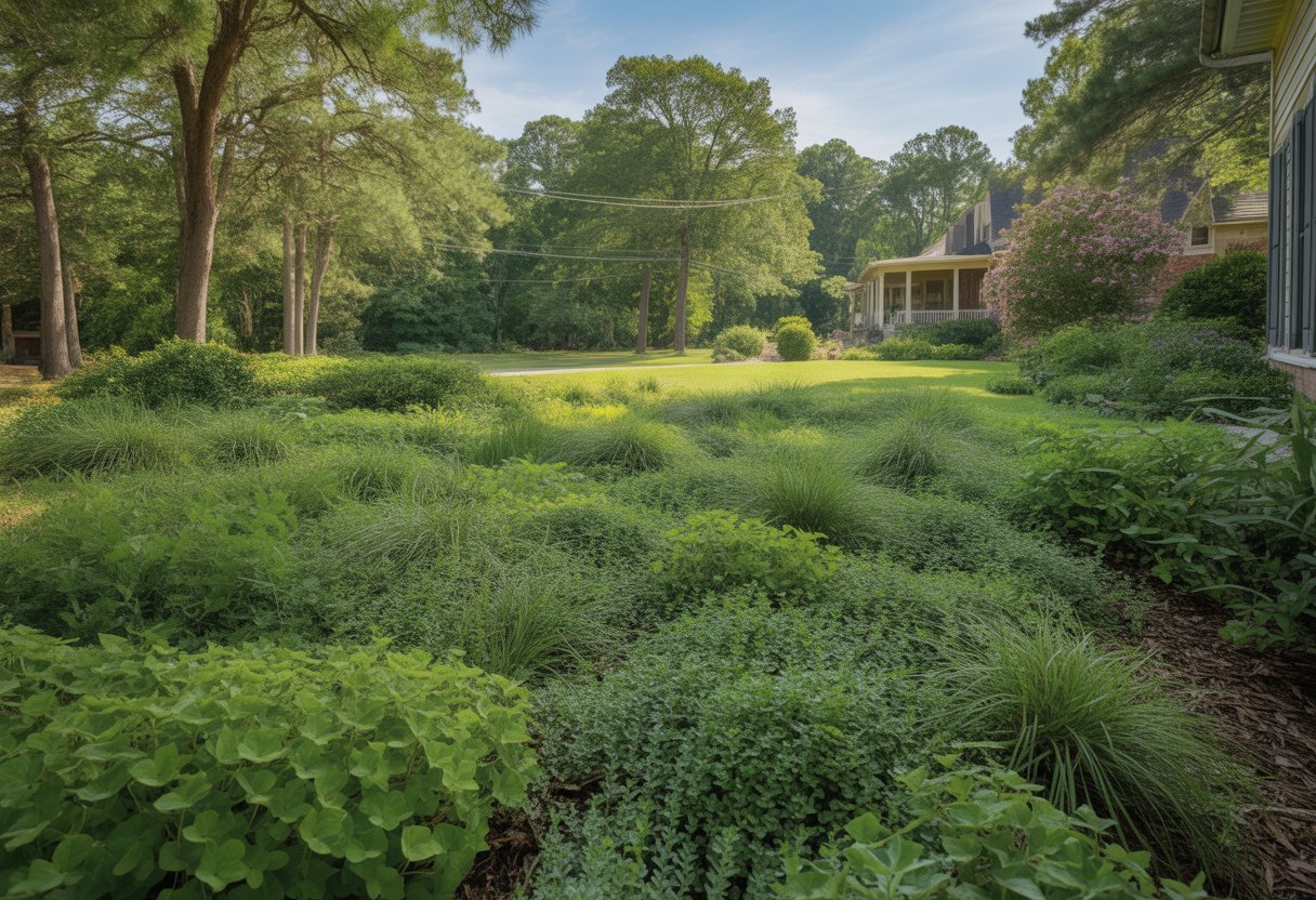 Eco-Friendly Lawn Alternatives South Carolina for Sustainable and Low-Maintenance Yards - PlantNative.org A green yard with native plants and ground covers in front of a Southern-style home under a clear blue sky.