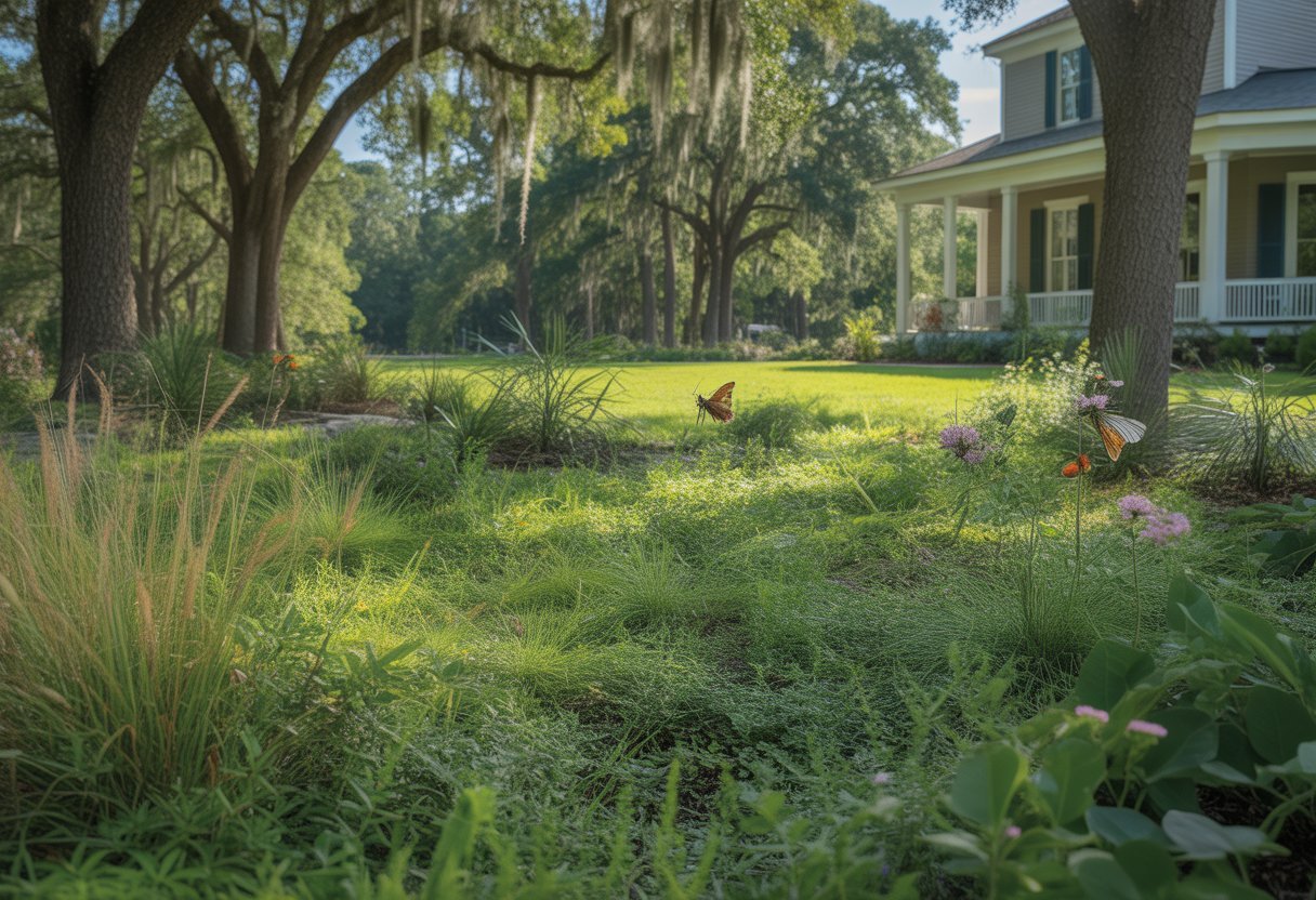 Eco-Friendly Lawn Alternatives South Carolina for Sustainable and Low-Maintenance Yards - PlantNative.org A sunny residential yard in South Carolina with native plants and grasses replacing traditional grass, surrounded by tall oak trees and a house in the background.