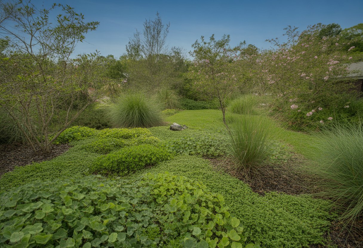 Eco-Friendly Lawn Alternatives South Carolina for Sustainable and Low-Maintenance Yards - PlantNative.org A sunny residential yard in South Carolina featuring eco-friendly lawn alternatives like clover, native grasses, and creeping thyme surrounded by native shrubs and small trees.