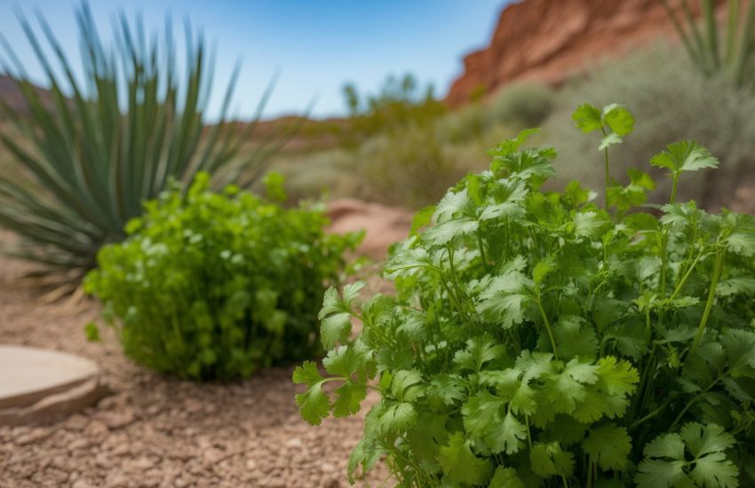 A garden in Utah with healthy native cilantro plants growing among natural soil and desert vegetation under a clear blue sky.