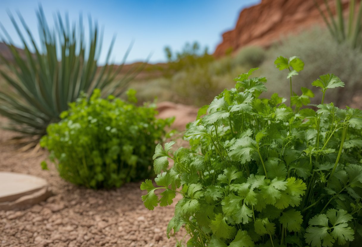 A garden in Utah with healthy native cilantro plants growing among natural soil and desert vegetation under a clear blue sky.