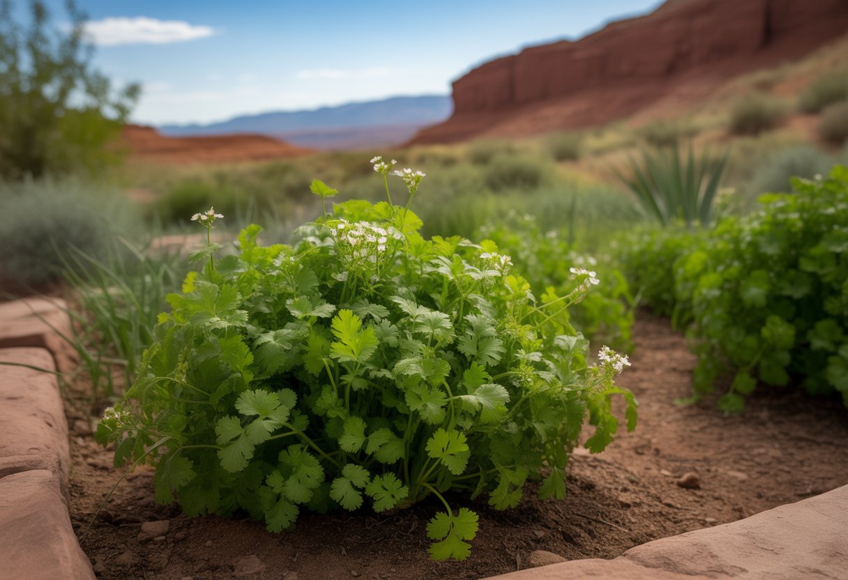 A garden in Utah with healthy native cilantro plants growing among natural desert landscape and red rock formations under a clear blue sky.