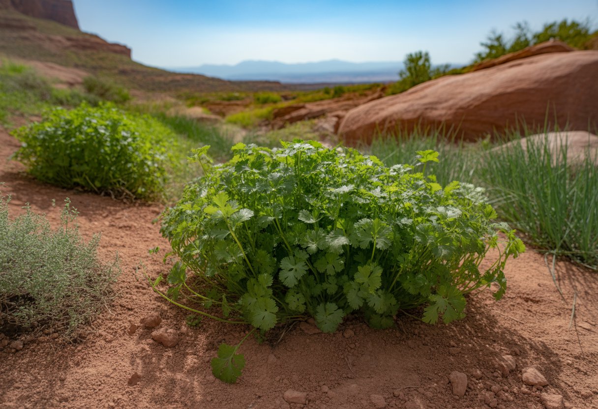 A garden in Utah with healthy green cilantro plants growing in reddish soil, rocky formations, and mountains in the background under a clear sky.