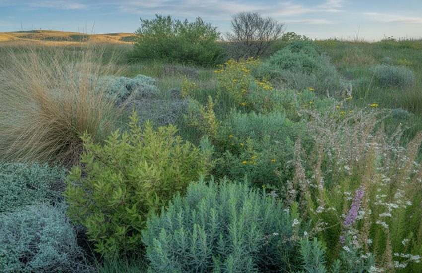 A sunny prairie landscape with native Nebraska plants including grasses, wildflowers, and shrubs growing among rolling hills under a clear blue sky.