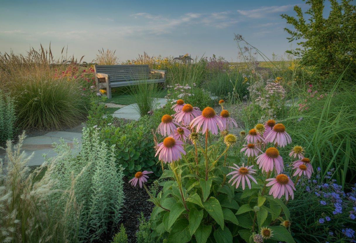 Low Maintenance Native Plants Nebraska for Sustainable and Easy Gardening - PlantNative.org A well-maintained garden with native Nebraska plants, colorful wildflowers, grasses, a stone pathway, and a wooden bench under a partly cloudy sky.