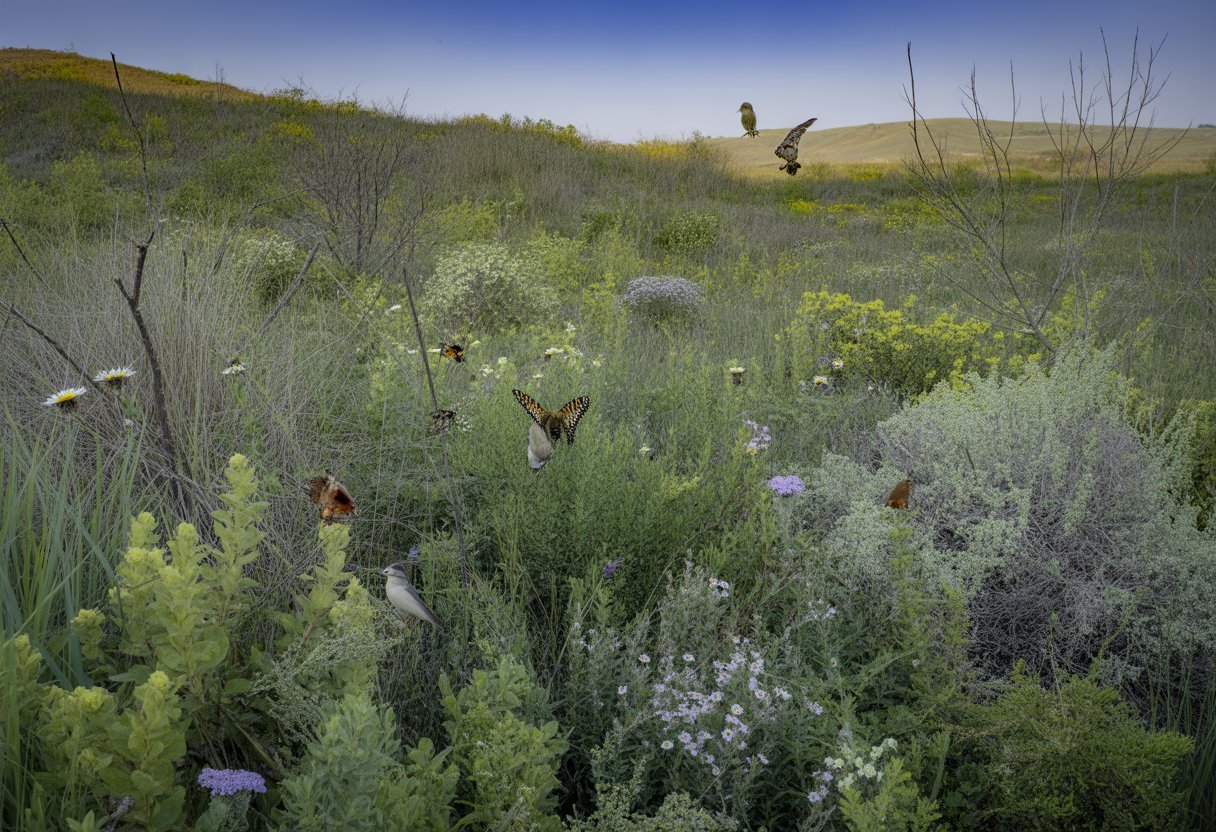 Low Maintenance Native Plants Nebraska for Sustainable and Easy Gardening - PlantNative.org A sunlit Nebraska meadow with native plants, wildflowers, bees, butterflies, and small birds among grasses and shrubs under a clear blue sky.