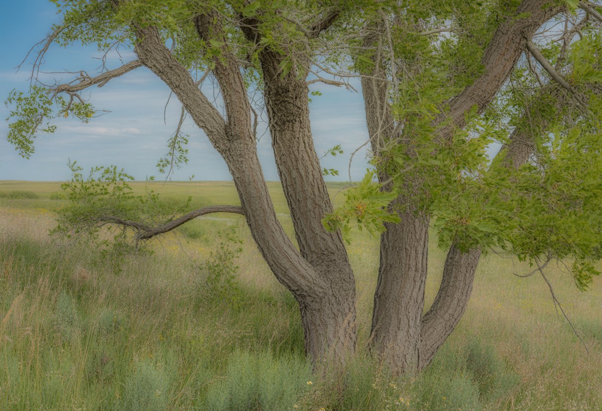 A Plains Cottonwood tree with broad leaves standing in a prairie landscape under a clear blue sky.