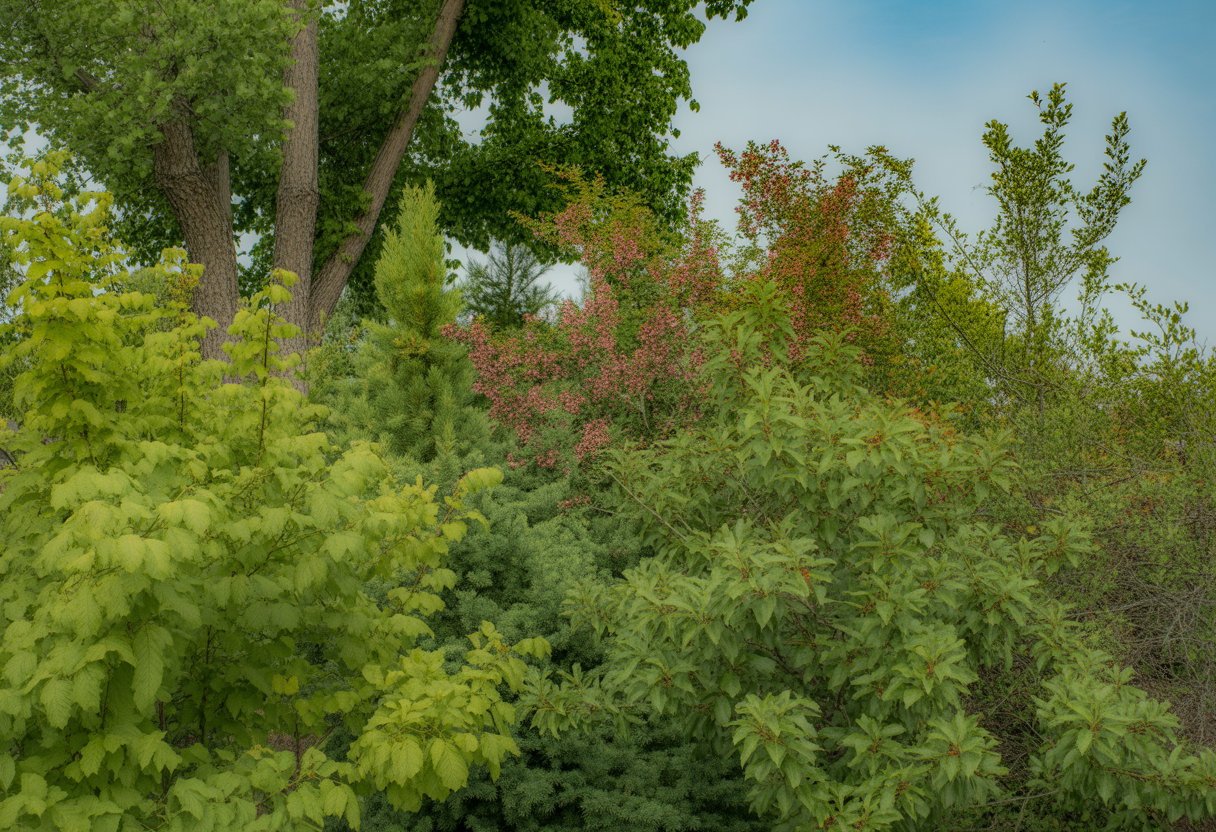 A variety of native North Dakota trees and shrubs with green leaves, flowers, and berries in a natural outdoor setting under a clear sky.