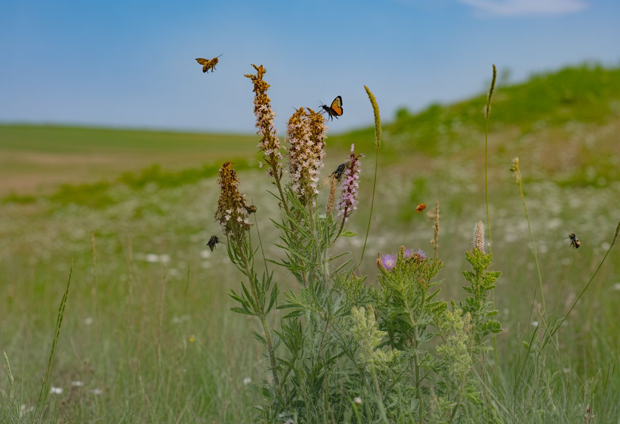 A native ornamental plant with colorful flowers growing in a North Dakota prairie landscape with grasses, wildflowers, and pollinators under a clear blue sky.