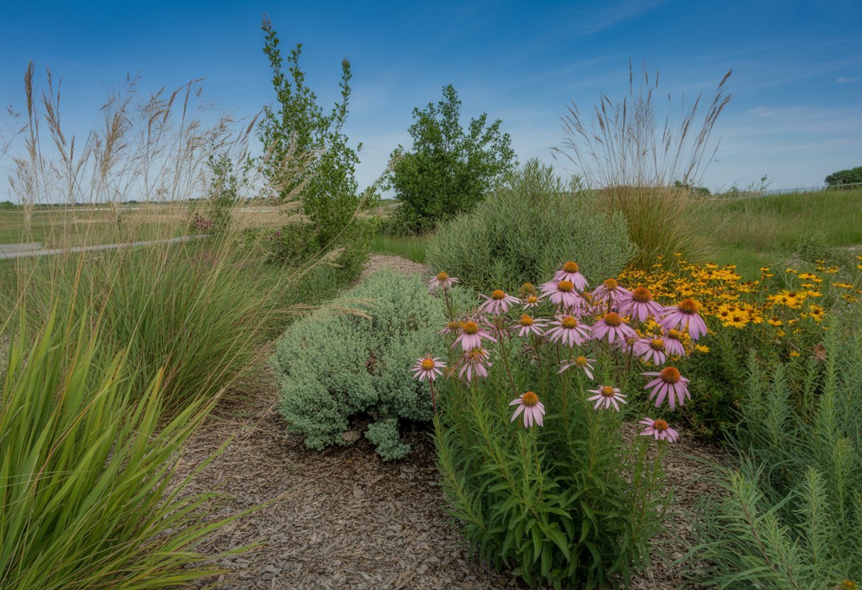 A garden area in North Dakota with native ornamental plants including grasses, wildflowers, and shrubs under a clear blue sky.