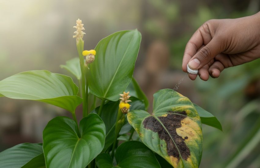 A wild ginger plant with healthy green leaves and yellow flowers, alongside leaves showing signs of damage, with a hand applying natural treatment in a garden.