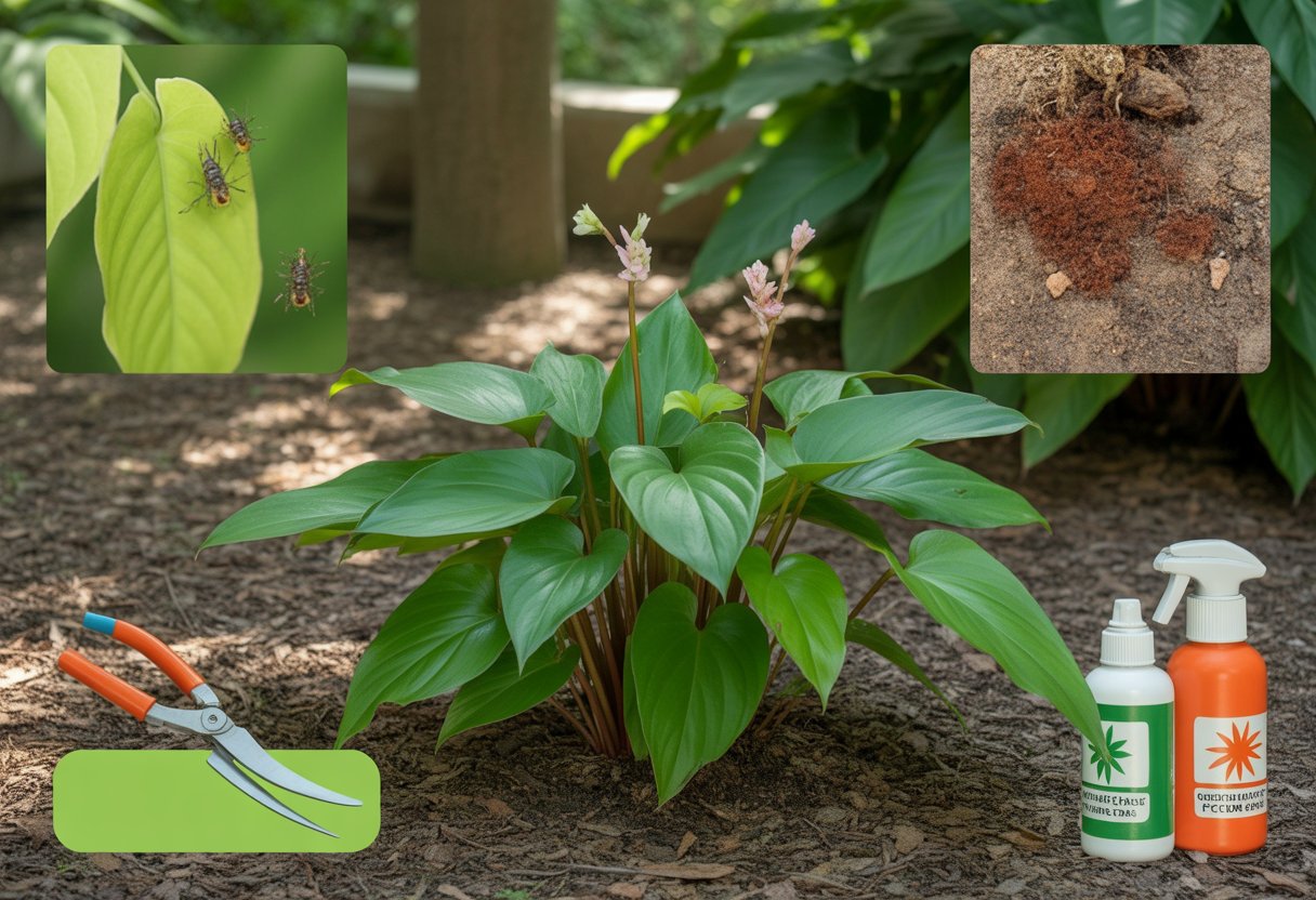 A wild ginger plant with green leaves and small flowers growing in a shaded garden with moist soil, alongside gardening tools and close-ups showing common plant problems and care solutions.