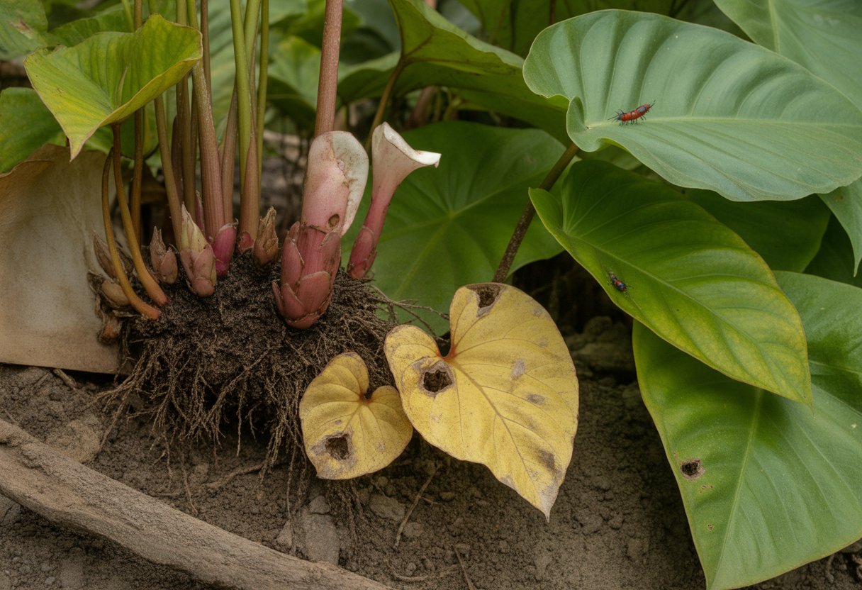 Close-up of wild ginger plants showing damaged and healthy leaves in a natural outdoor environment.