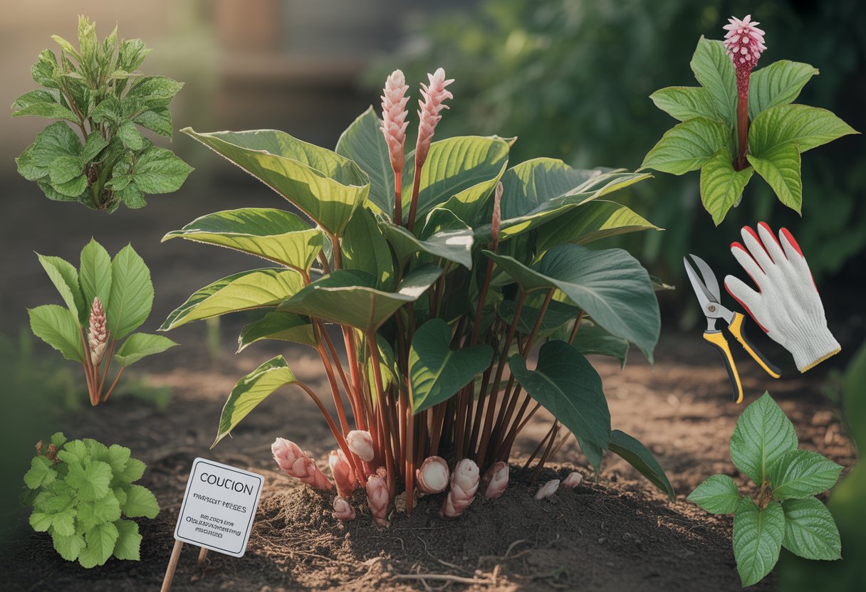 Close-up of wild ginger plants with green leaves and flowers growing in soil, showing different varieties and gardening tools nearby indicating safe handling.