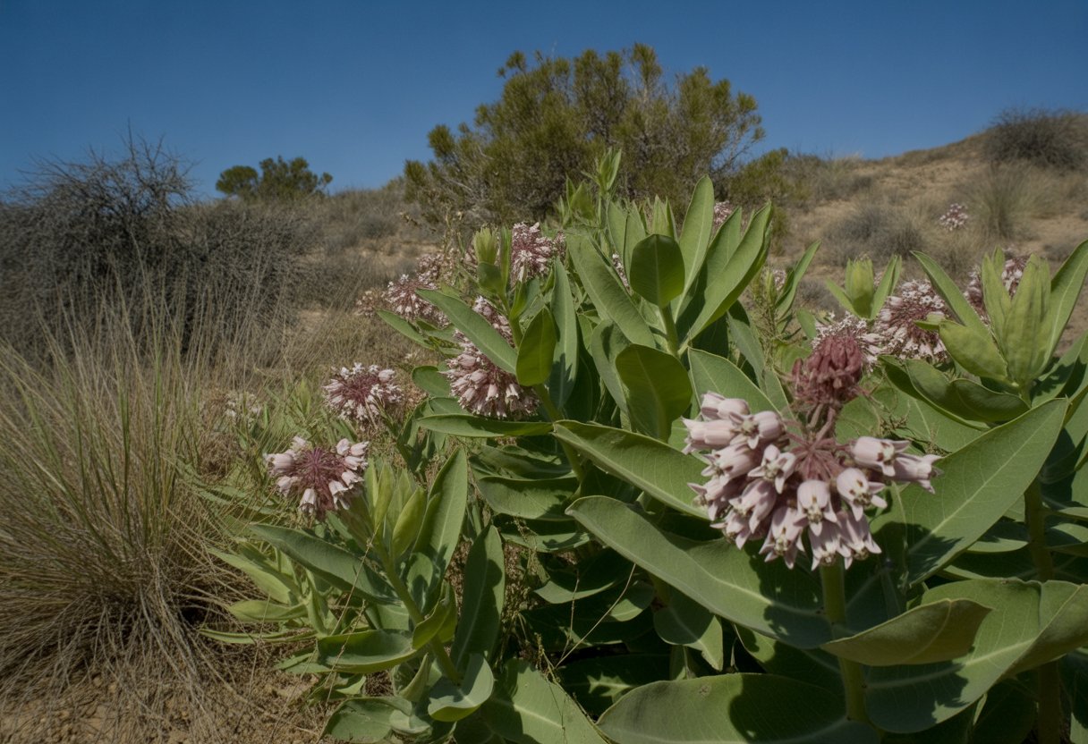 Native milkweed plants with pinkish flowers growing in a dry New Mexico landscape under a clear blue sky.
