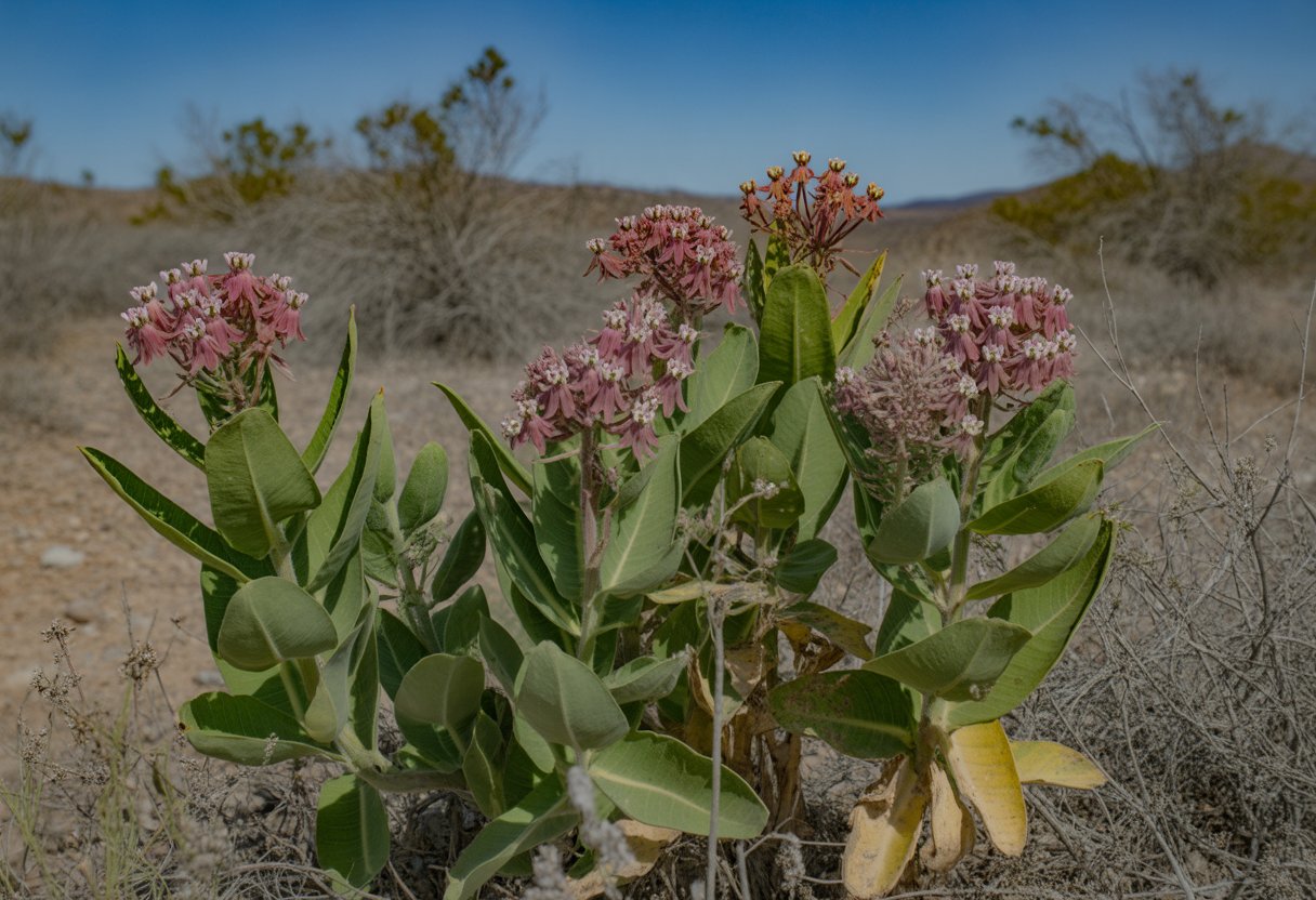 Close-up of native milkweed plants with pinkish-purple flowers growing in a dry New Mexico landscape under clear blue skies.