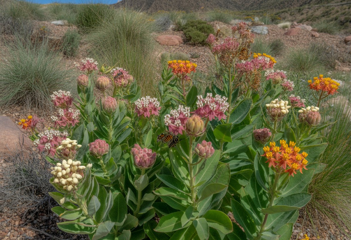 A variety of native milkweed plants with pink, orange, and cream flowers growing in a natural New Mexico landscape with reddish soil and native grasses, with butterflies and bees on the flowers.