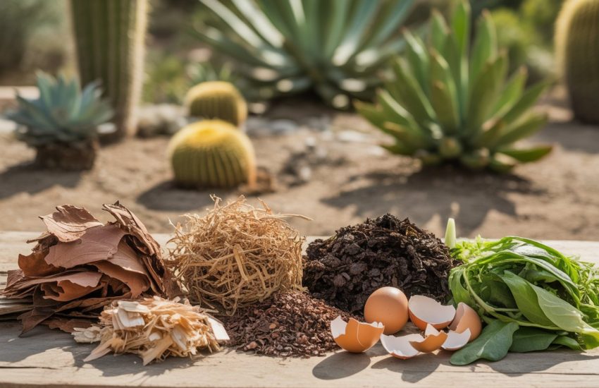 An outdoor scene displaying various compost materials such as dry leaves, coffee grounds, eggshells, and vegetable scraps arranged on a wooden surface with desert plants in the background.