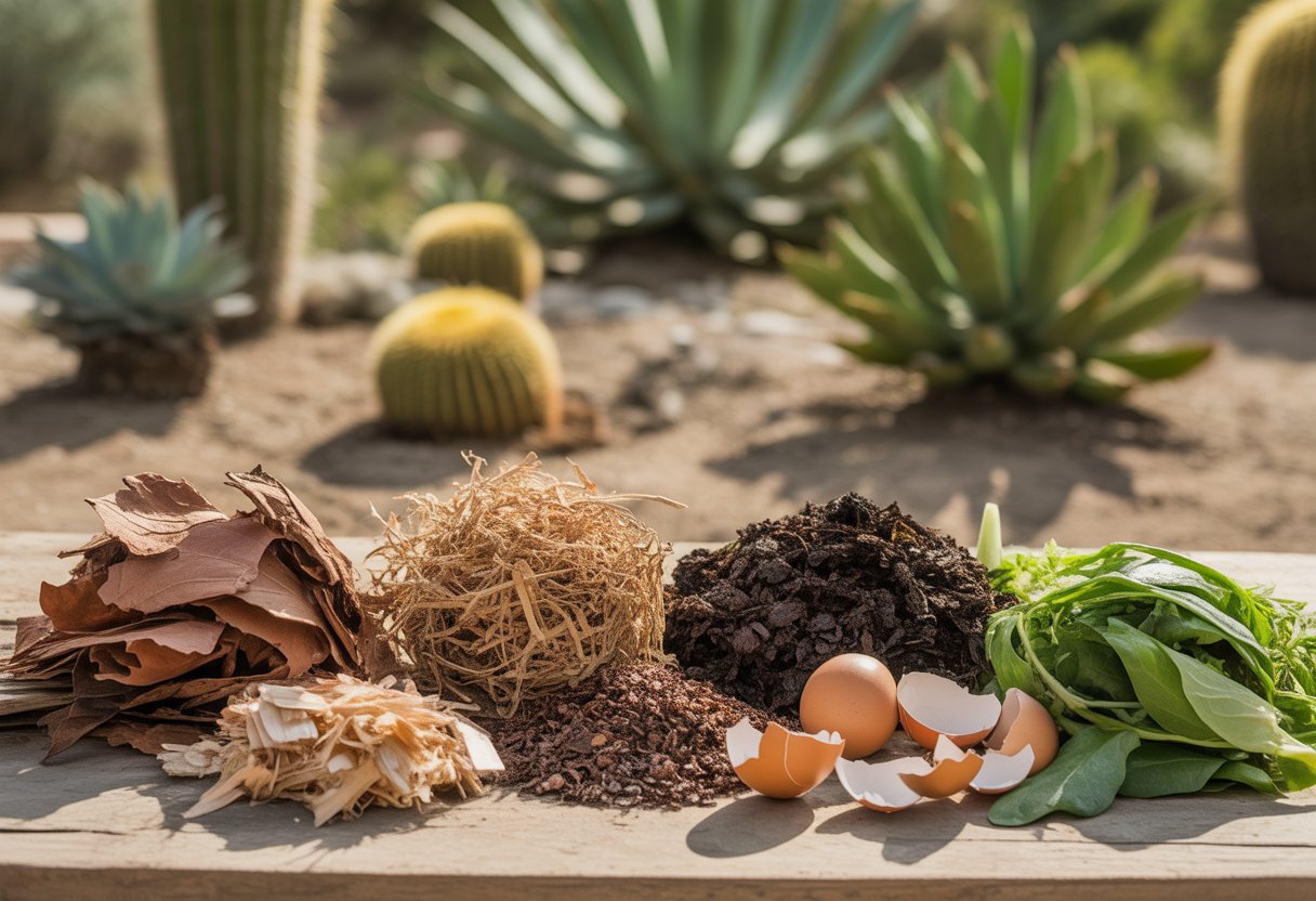 An outdoor scene displaying various compost materials such as dry leaves, coffee grounds, eggshells, and vegetable scraps arranged on a wooden surface with desert plants in the background.