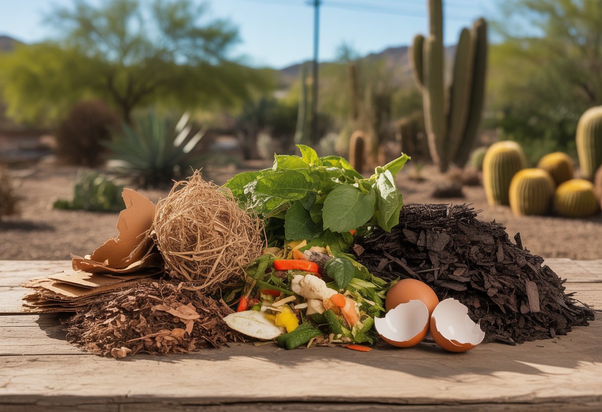 Various compost materials like dried leaves, vegetable scraps, coffee grounds, and eggshells arranged on a wooden table outdoors with desert plants in the background.