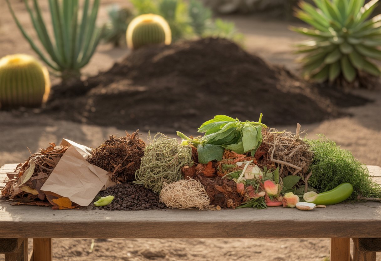 Various compost materials including dried leaves, coffee grounds, vegetable scraps, and twigs arranged on a wooden table with dark soil and desert plants in the background.