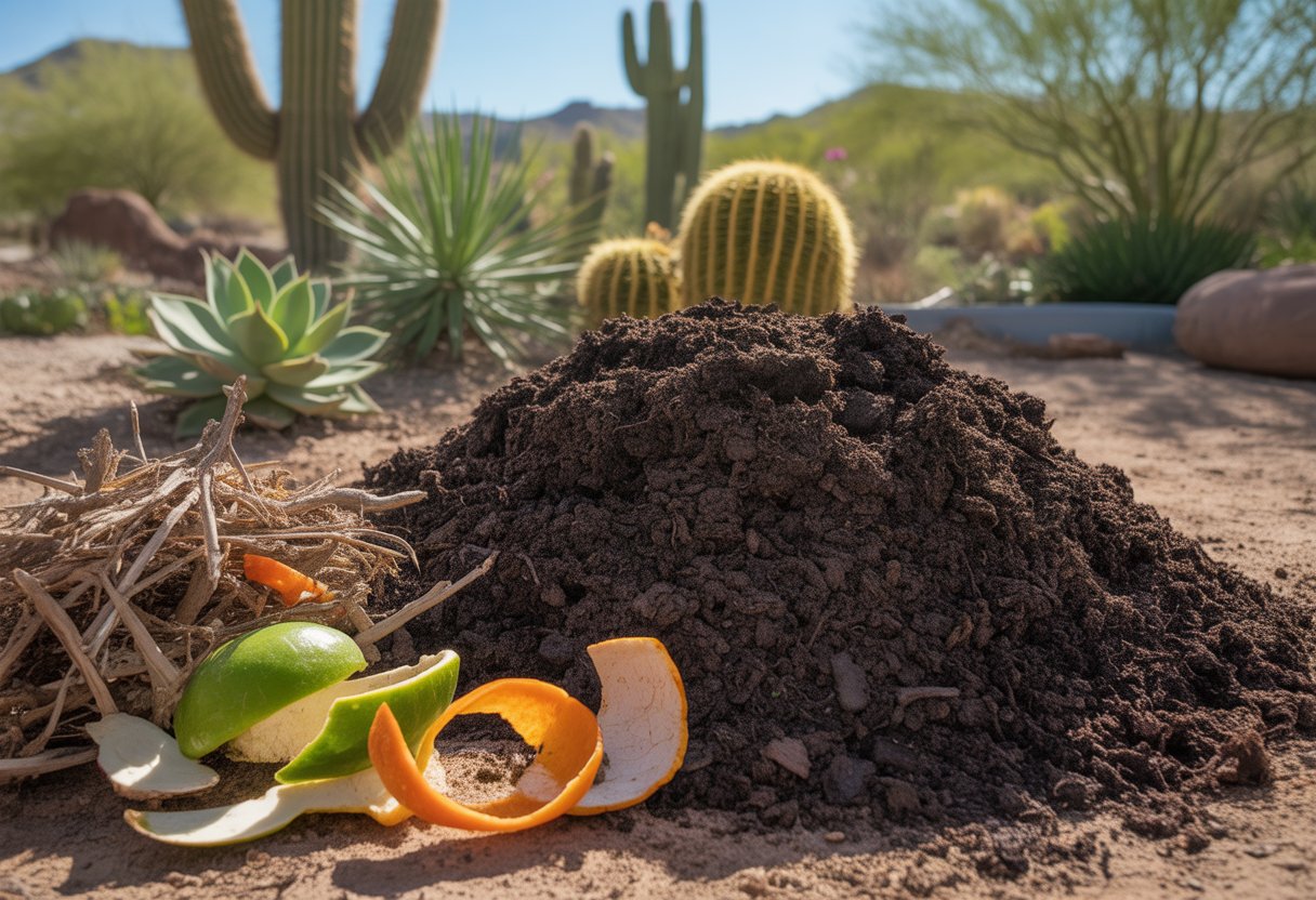 Close-up of finished compost being applied to soil around healthy desert plants in an Arizona garden with natural compost materials nearby.