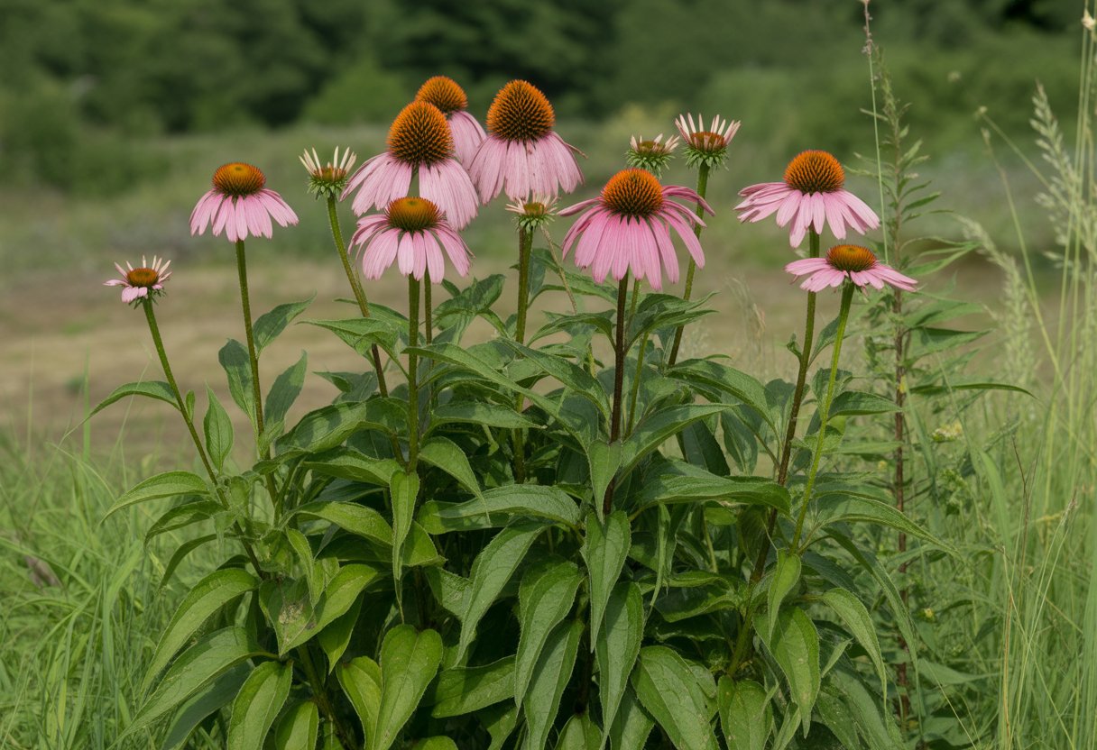 Close-up of blooming native Echinacea flowers with green leaves in a natural garden setting typical of New Jersey.
