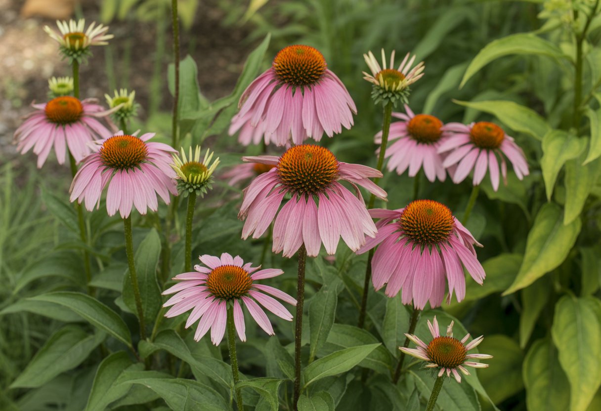 Bright pink and purple Echinacea flowers with orange centers growing among green leaves in a natural garden setting.