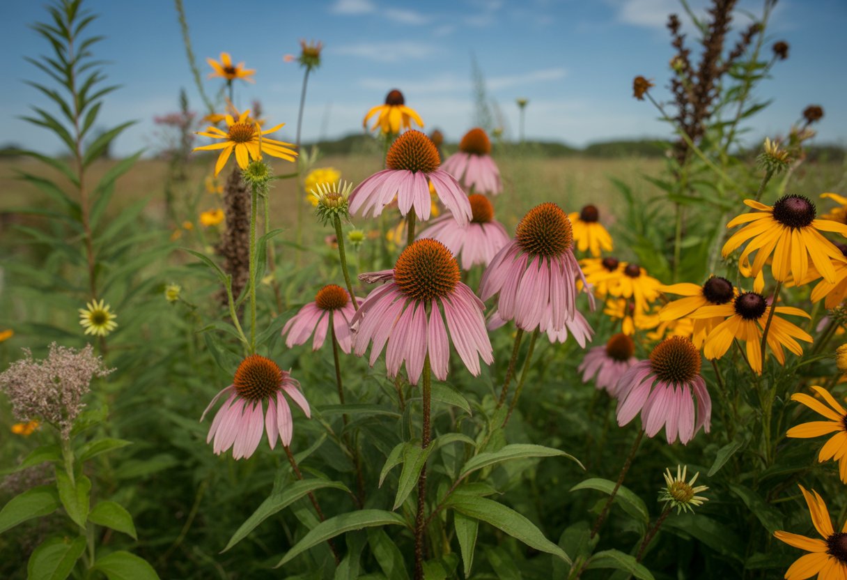 A sunlit meadow with pink Echinacea flowers surrounded by various native New Jersey plants and green foliage under a clear blue sky.