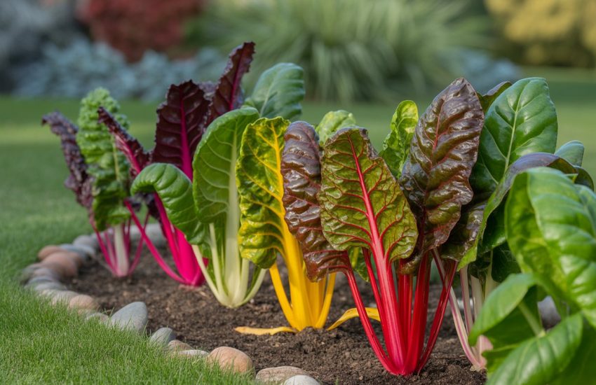 A garden bed filled with colorful ornamental chard plants with bright multicolored leaves surrounded by soil and decorative stones.