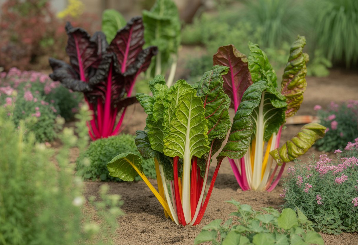 A garden landscape with colorful ornamental chard plants surrounded by other greenery and flowers.