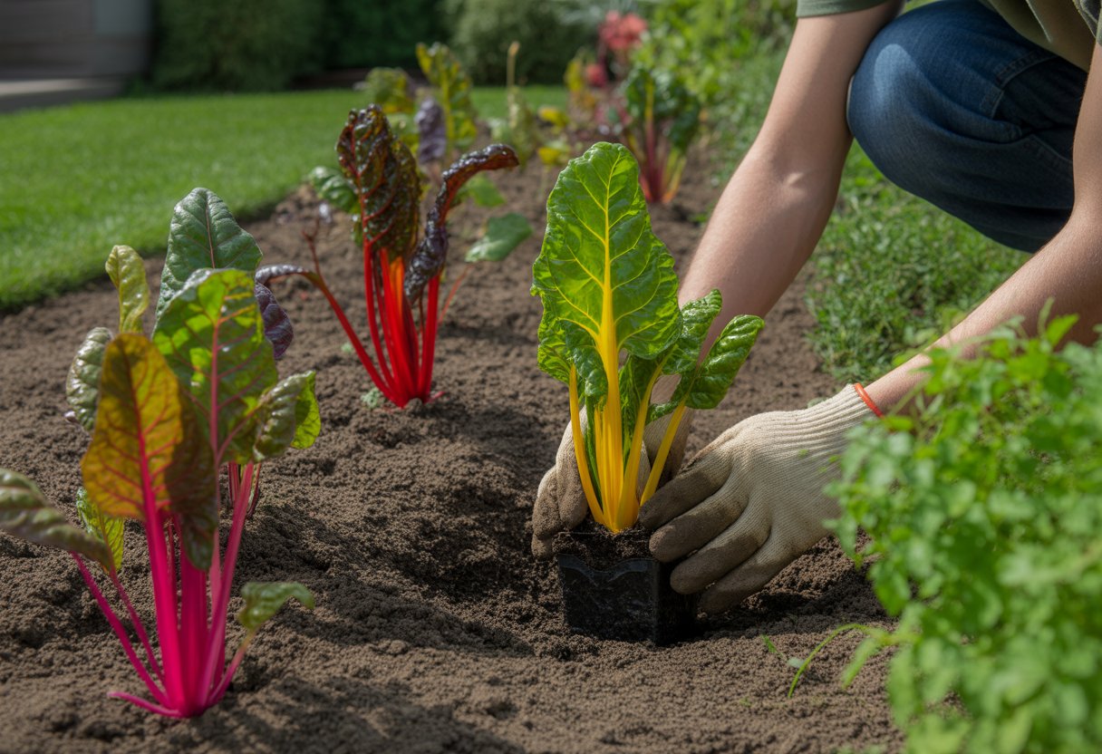 A gardener planting colorful ornamental chard plants in a landscaped garden with rich soil and greenery.