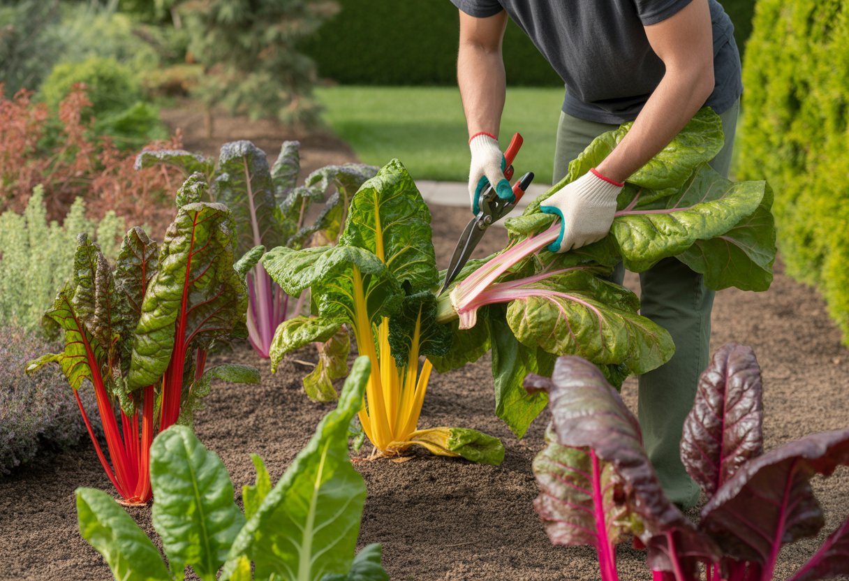 A gardener harvesting and trimming colorful ornamental chard plants in a landscaped garden.