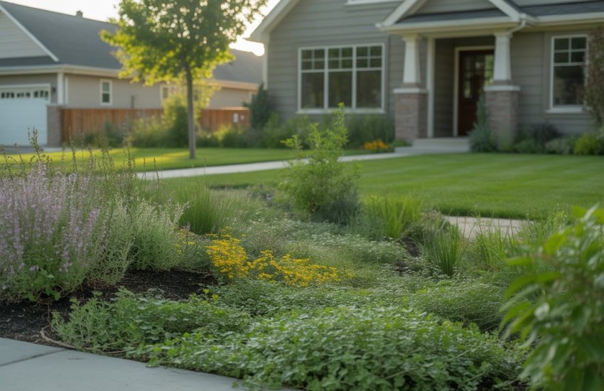 A Nebraska front yard with eco-friendly lawn alternatives including clover, native grasses, wildflowers, and small shrubs in front of a suburban home.