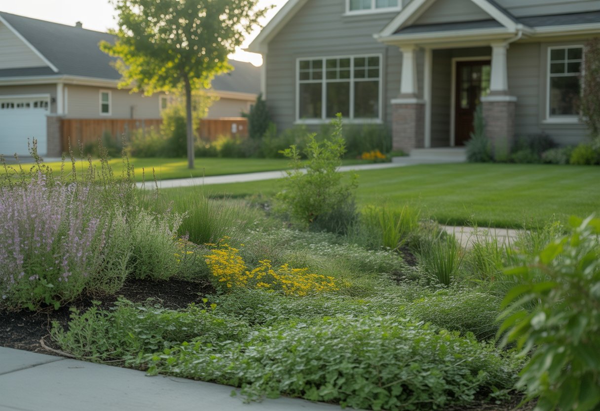 A Nebraska front yard with eco-friendly lawn alternatives including clover, native grasses, wildflowers, and small shrubs in front of a suburban home.