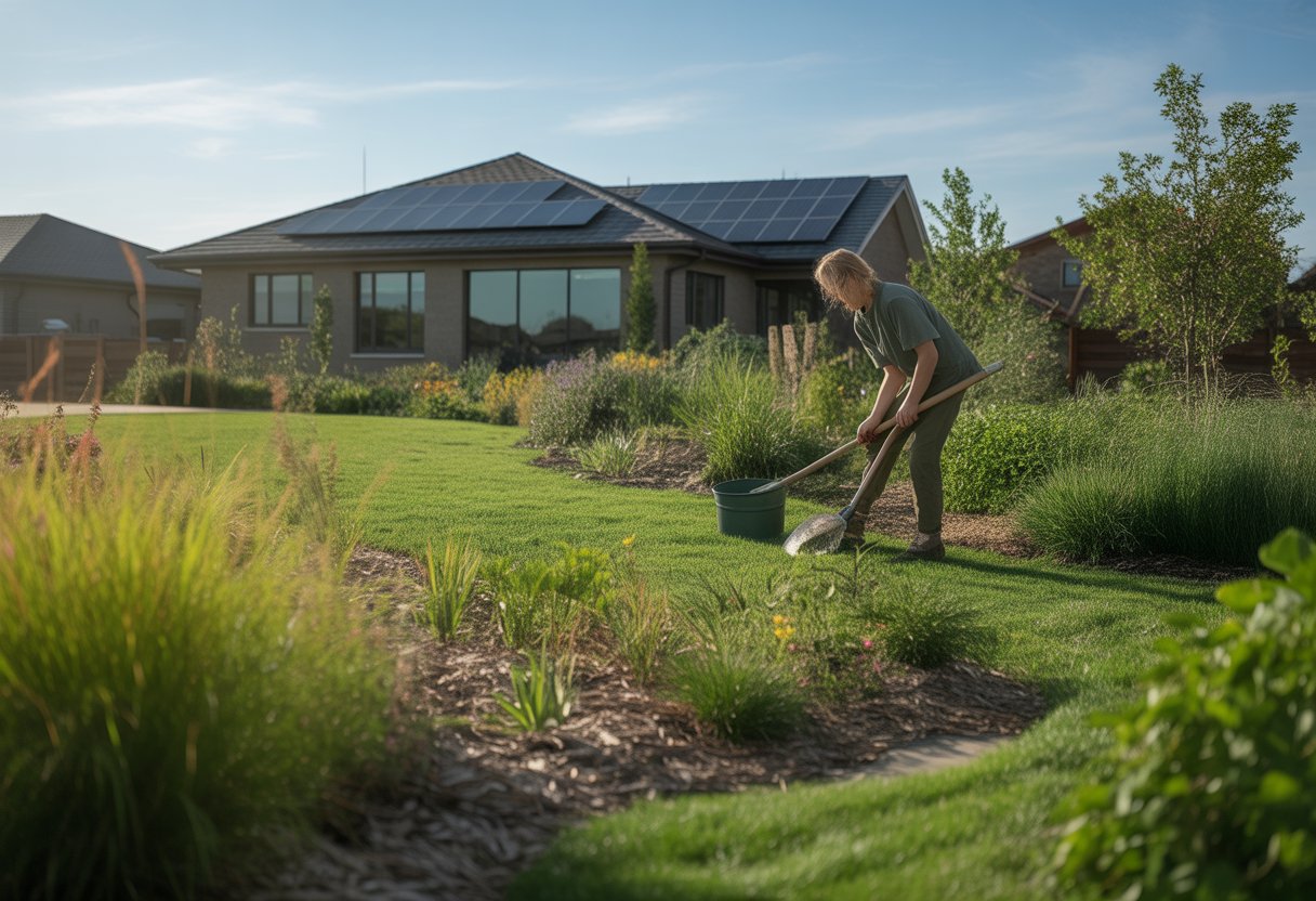 A green sustainable lawn with native plants and a gardener tending to it in front of a suburban house with solar panels.