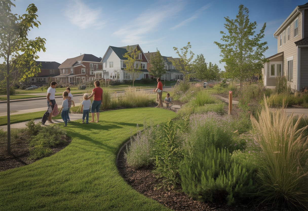 A Nebraska neighborhood with eco-friendly landscaping featuring native plants and community members enjoying the outdoor space.