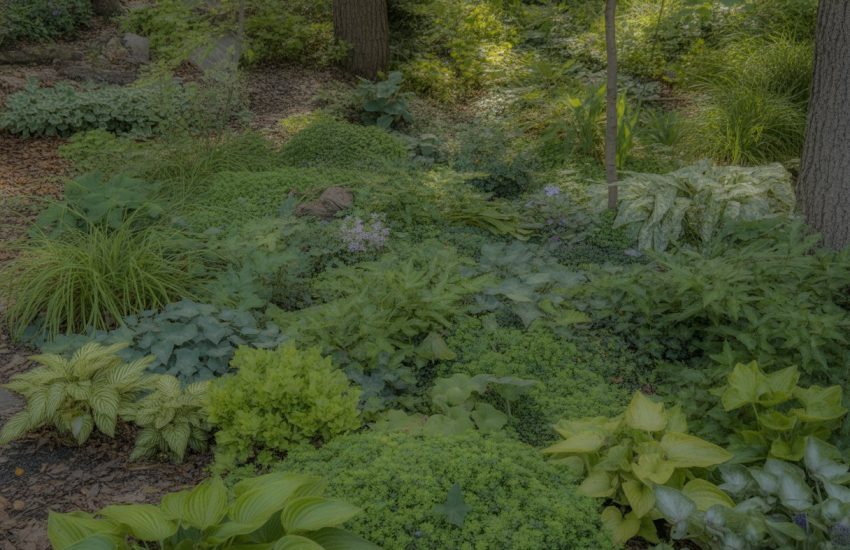 A shaded garden area in Michigan covered with various green ground cover plants beneath tall trees.